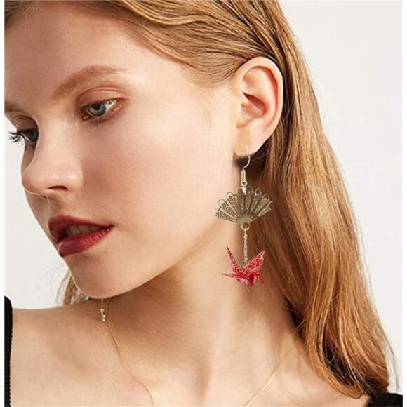 CutieJewelry Crane Origami Bird Fan Dangle Earrings - Cute Pretty Statement - Picture 3 of 6